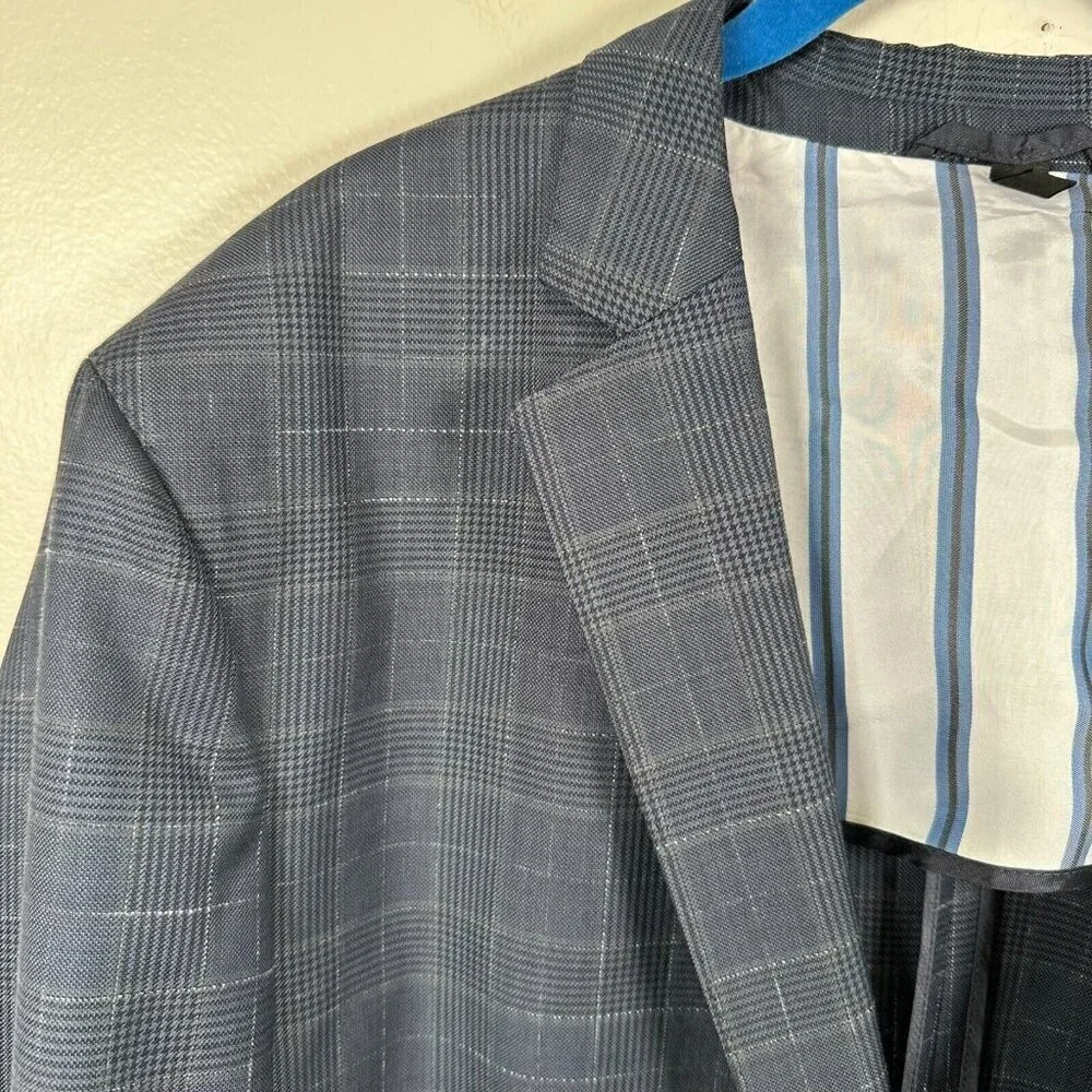 Hugo Boss The James Wool Blazer Jacket Size 44L Blue Plaid Career Business